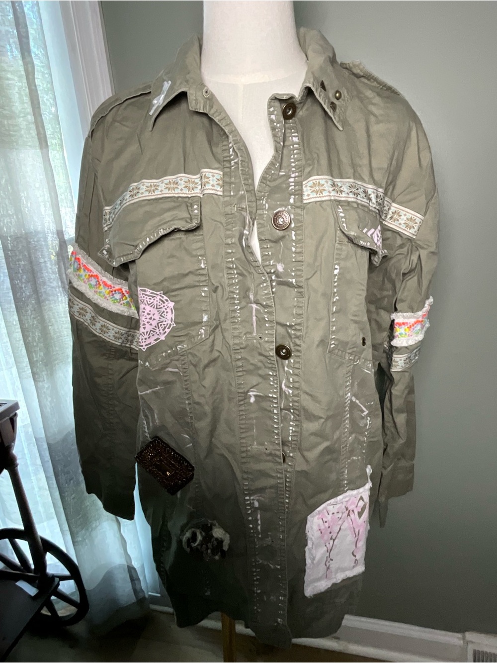 Embellished Olive Utility Jacket with Decorative Patches
